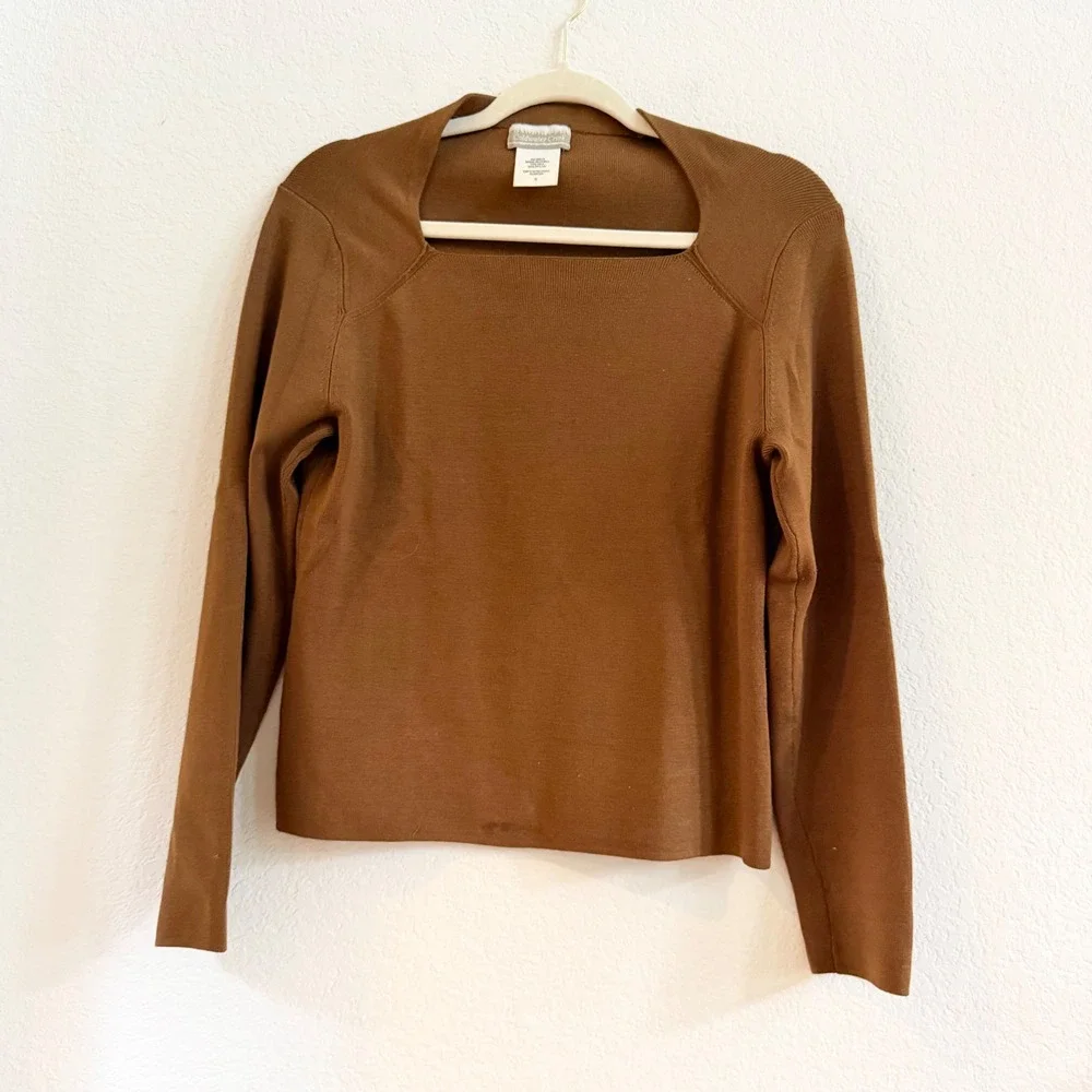 Coldwater Creek Womens Small Brown‎ Silk Blend Square Neck Long Sleeve Sweater